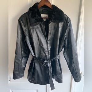 Basic Editions Black Belted jacket with faux fur collar